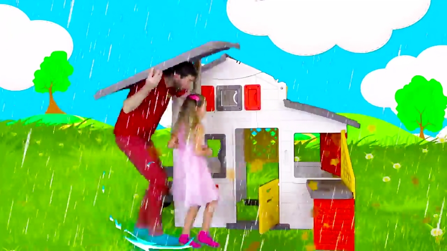 اسباب بازی ها و خانواده مهربان - ساشا و بابا در خانه بازی در باران